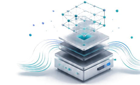 Layered AI product core with connected data points