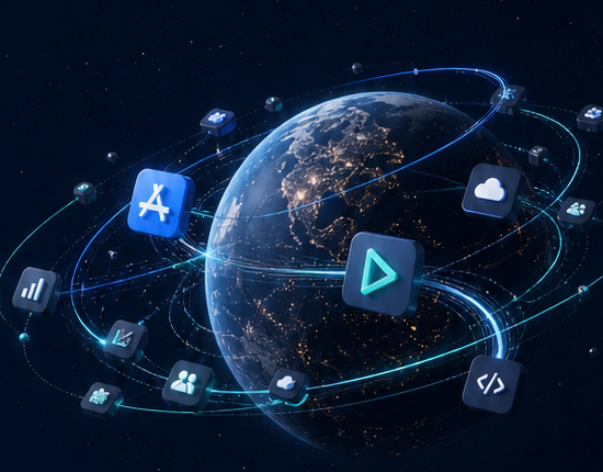 Abstract global digital product ecosystem orbiting a luminous Earth